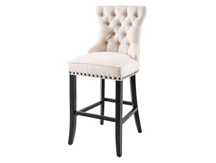 Barhocker CASTLE 51cm - beige schwarz - Strukturstoff Gummibaumholz Chesterfield-Zierknöpfe, Landhausstil, höhenverstellbare Bodenschoner, 110 kg Belastbarkeit, barockes Flair, luxuriöse Optik