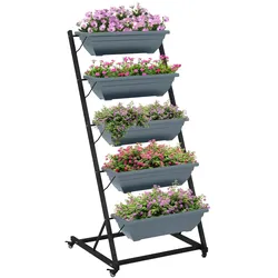 Outsunny Pflanzenständer, Blumenständer mit 5 Etagen, Pflanzenregal mit Rollen Grau