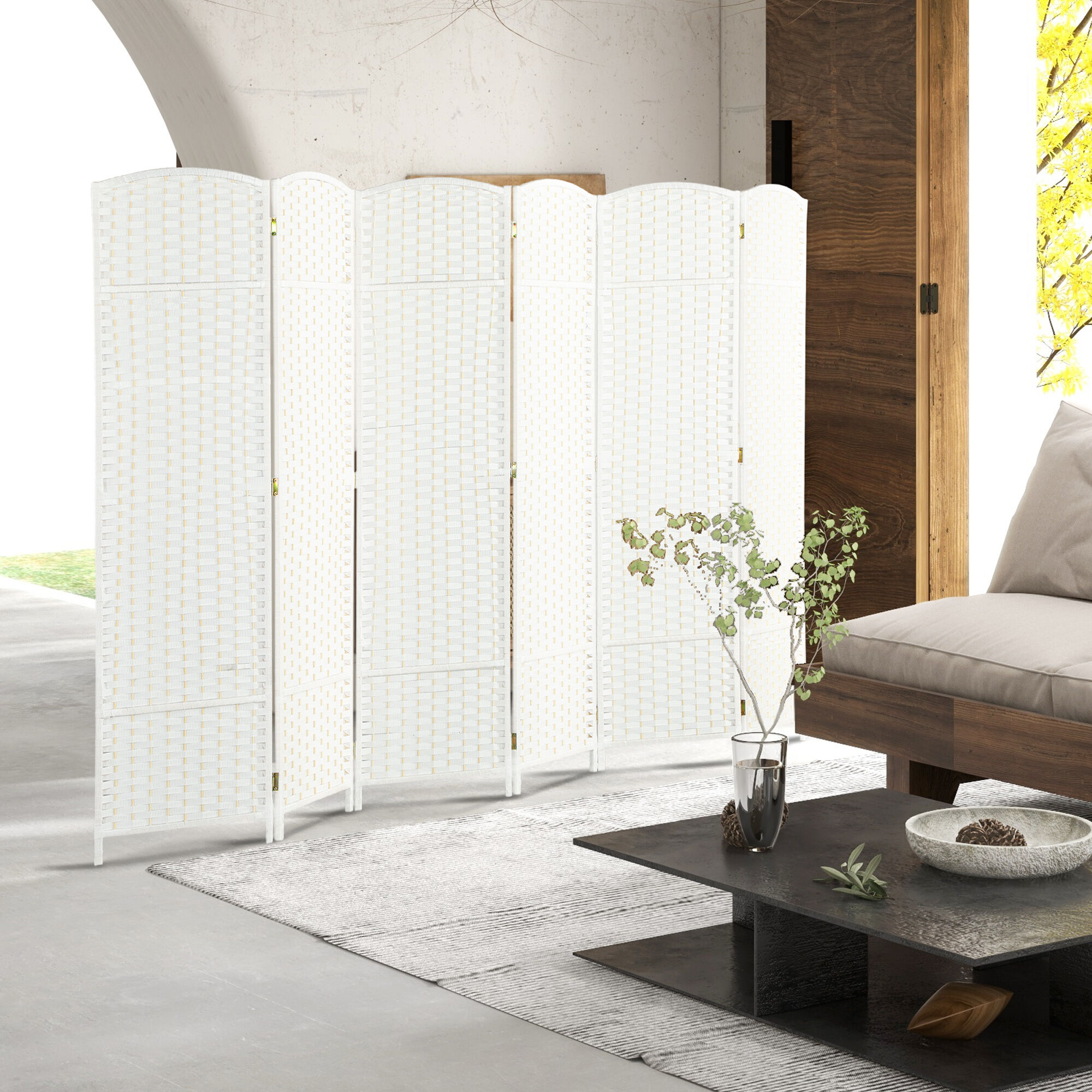 Altro Paravento Divisorio Da Interni Pieghevole A 6 Ante Intrecciato, 240x170 Cm, Bianco