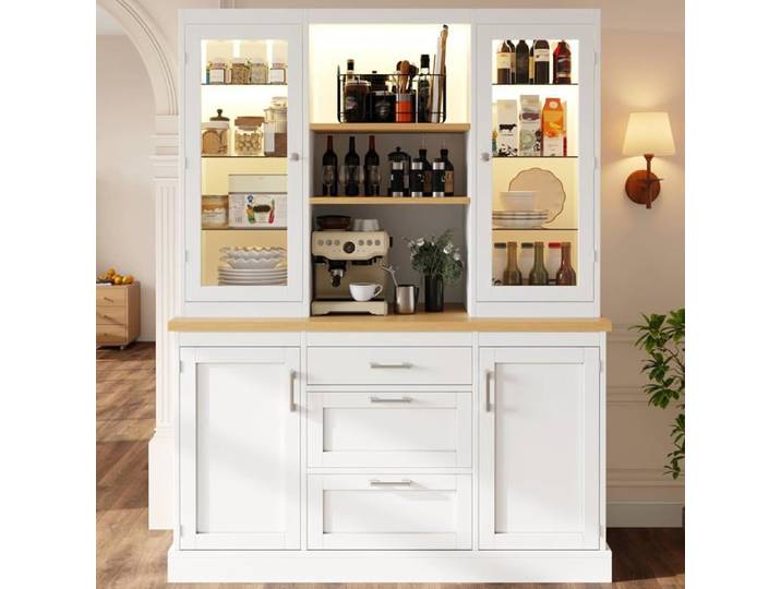 Buffet Haut Cuisine avec LED-Meuble de Rangement - Armoire-Vaisselier 4 Portes avec Plans de Travail et 3 Tiroirs-185×140×40cm-blanc