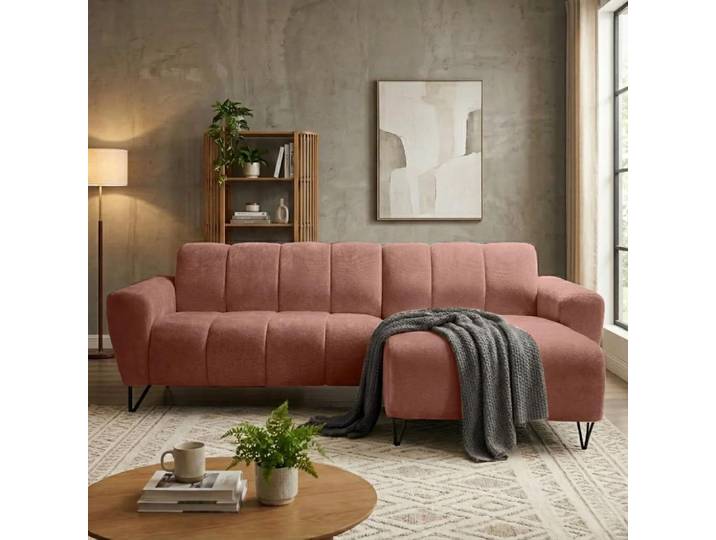 Ecksofa VOLARE MINI L-Form, Ottomane rechts, Chenille Storm in Kupferrot, Sofa ohne Schlaffunktion, dekorative schwarze Metallbeine
