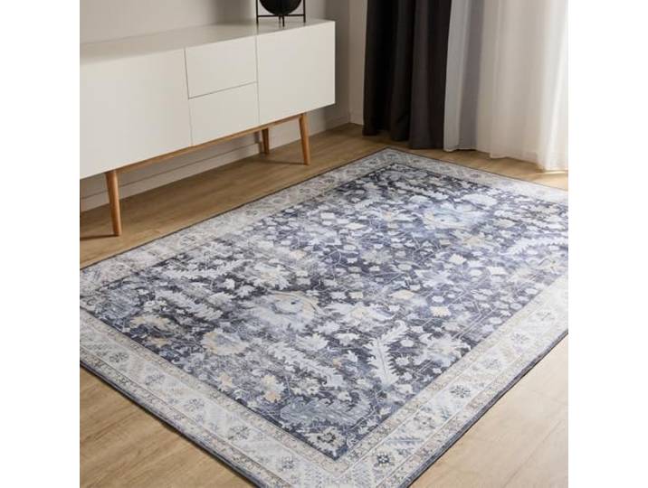 benuta Basic Waschbarer Teppich George - Blau 80x150 cm - Kunstfaser - Rechteckig & im Style: Vintage, Elegant, Retro - Pflegeleicht für Wohnzimmer Schlafzimmer