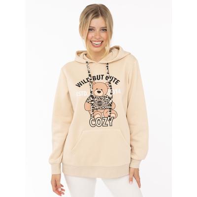 Hoodie ZWILLINGSHERZ "Wild But Cute", Damen, Gr. L/XL, beige, Sweatware, Obermaterial: 80% Polyester, 20% Baumwolle, Sweatshirts Hoodie, Mini-Me,mit niedlichem Teddybär und selbstbewusstem Slogan