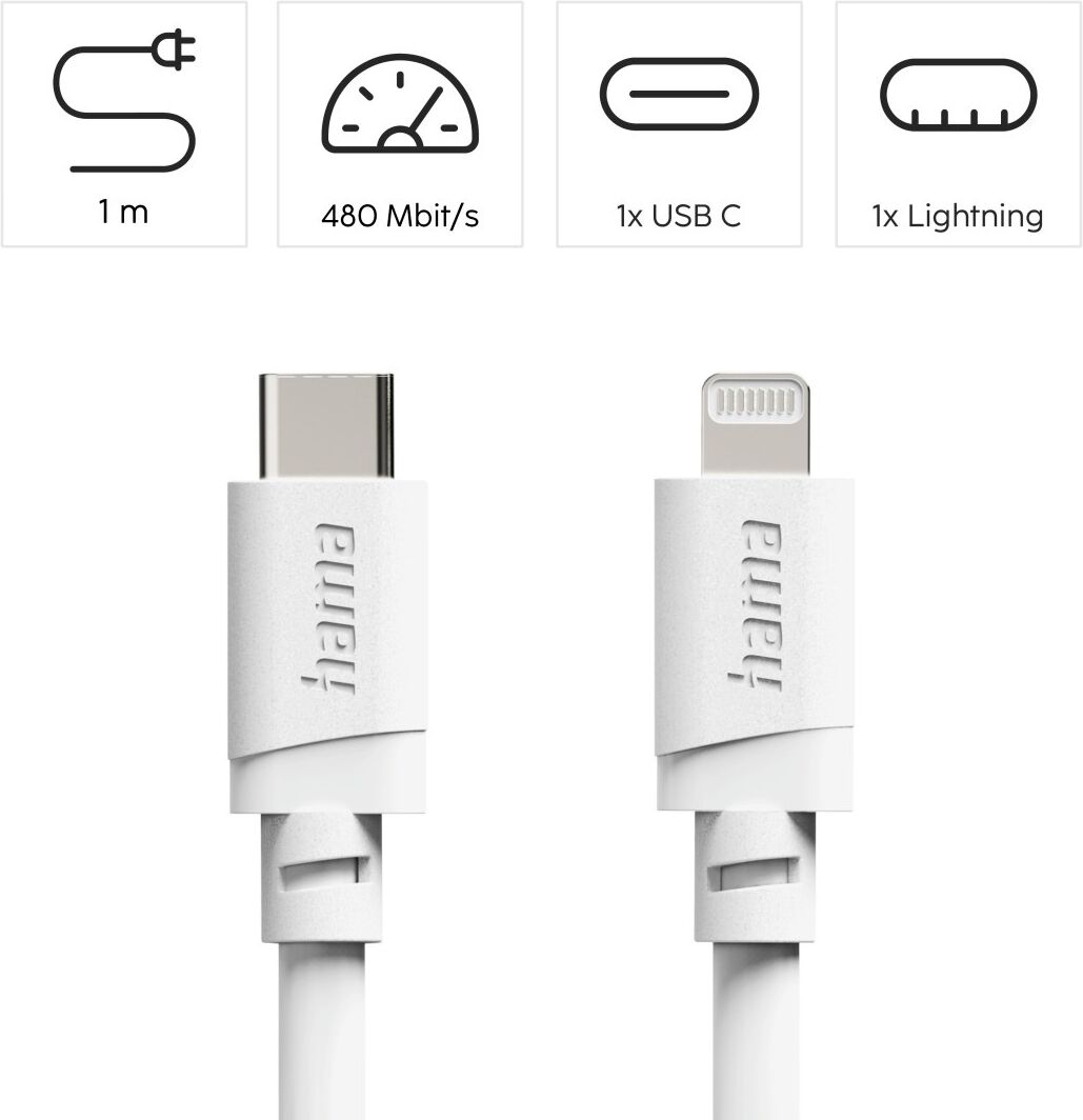 Hama USB-Kabel "USB-C auf Lightning Ladekabel 1 m weiß", weiß, 100cmcm, Kabel, Schnellladen, 480 Mbit/s, MFi zertifiziert, 3 A Strom, USB-Kabel