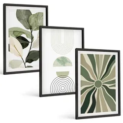 BILDER SET 3er Set - 40x60 cm Schwarzer Rahmen - Pflanzenmotive, Geometrie, Grün