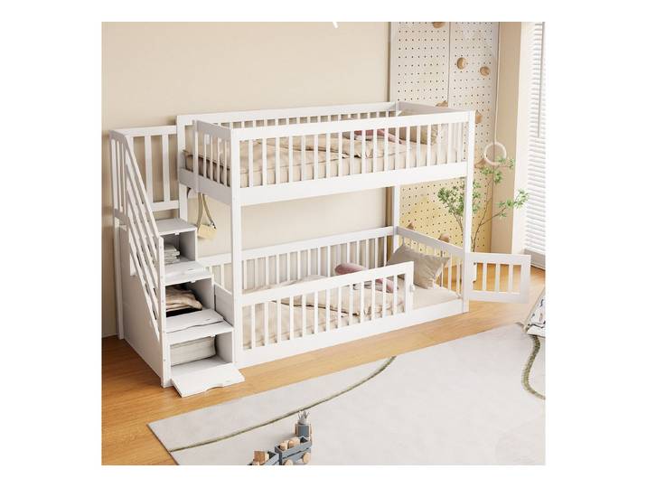 Odikalo Kinderbett Etagenbett 90x200 140x200 mit Lagertreppe (Etagenbett 90x200 140x200, Kinderbett mit Sicherheitstreppe und Schubladen, Grau Holzeinzelbett mit Stauraumbett für Kinder, Jugendliche)