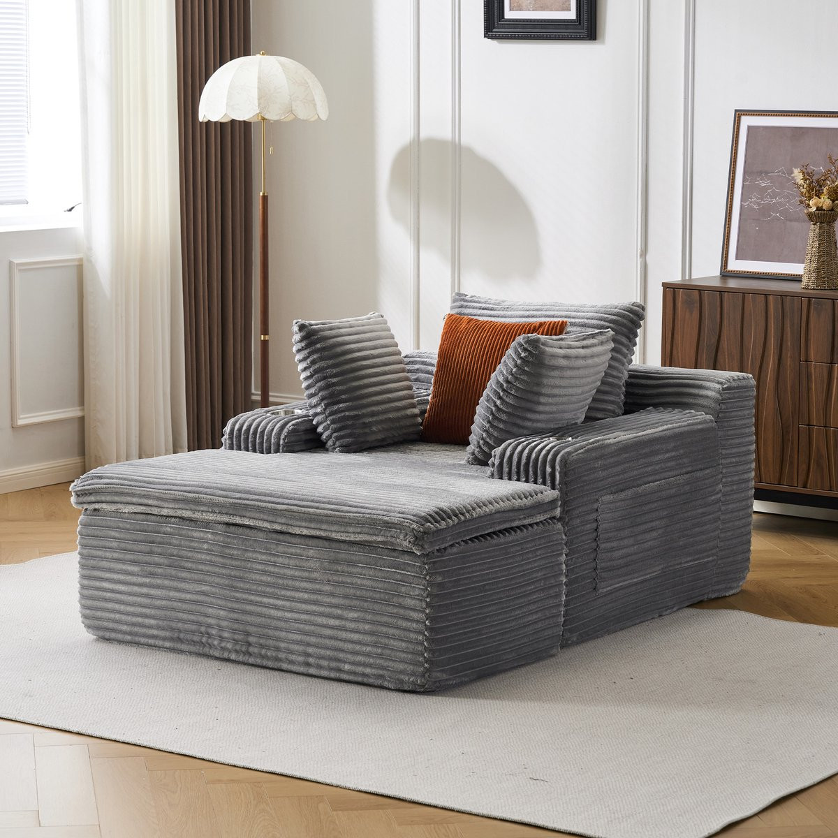 DESMIU Slaapbank 1-Zits - Boneless Floor Sofa met 3 Kussens en 2-in-1 Kussen Dekentje - Corduroy - Grijs