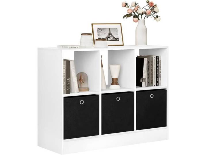 WOLTU Bibliothèque Meuble de Rangement Étagère avec 6 Casiers Meuble Cube 3 Tiroirs en Tissu 80x30x60cm Blanc W0ATT0041