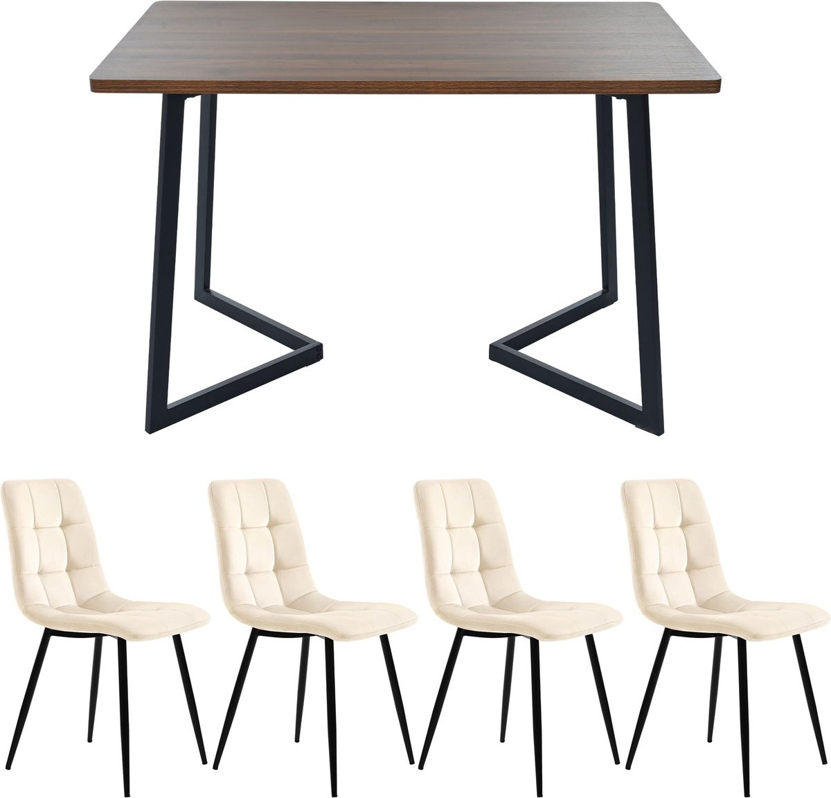 Merax Eetset 5-delig met eettafel en 4 stoelen, Walnoot en Beige, Modern ontwerp met zwarte metalen poten