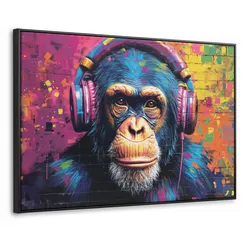 LEINWAND Bilder mit Rahmen - Graffiti - Schimpanse - Straßenkunst - Kopfhörer - Affe - 140x90