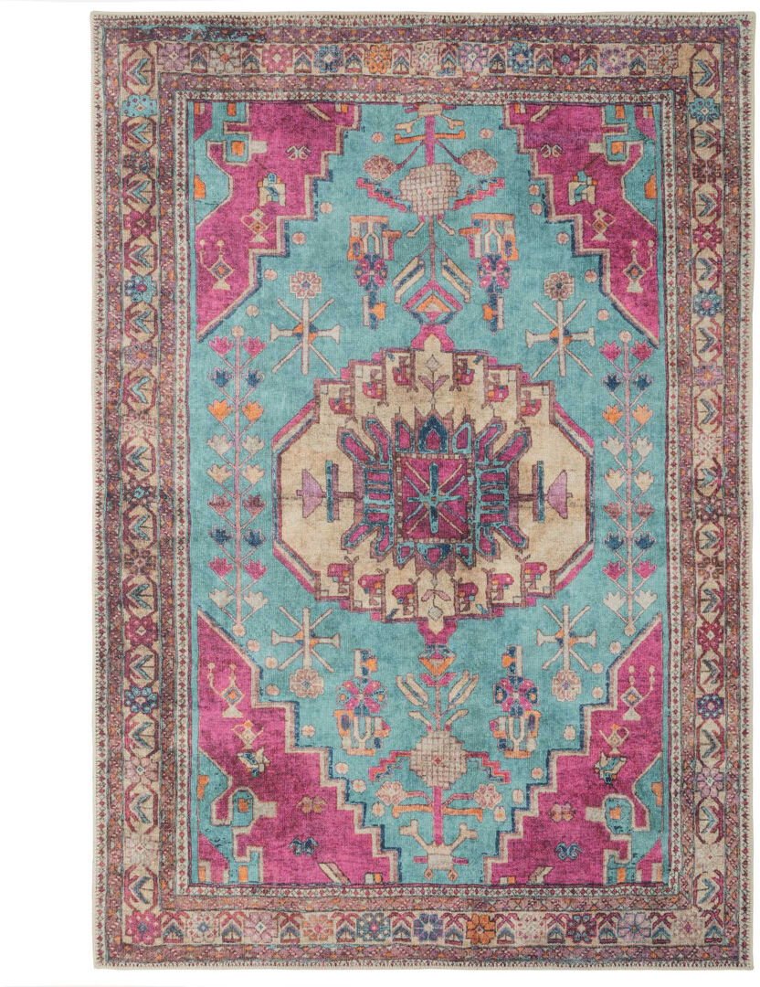 Kukoon Machine Washable Teal Pink Contemporary Maximalist Distressed Living Room Area Rug Pink,Teal Rectangle 200 x 290cm