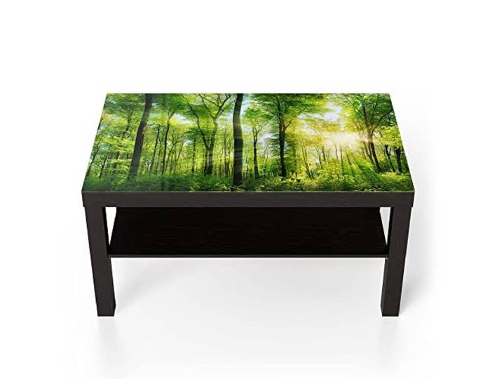 DEQORI Glastisch schwarz groß 90x50 cm Motiv Sonne durchbricht Wald ausgefallener Beistelltisch aus Glas Hochglanz Couchtisch fürs Wohnzimmer moderner Couch Tisch mit Design