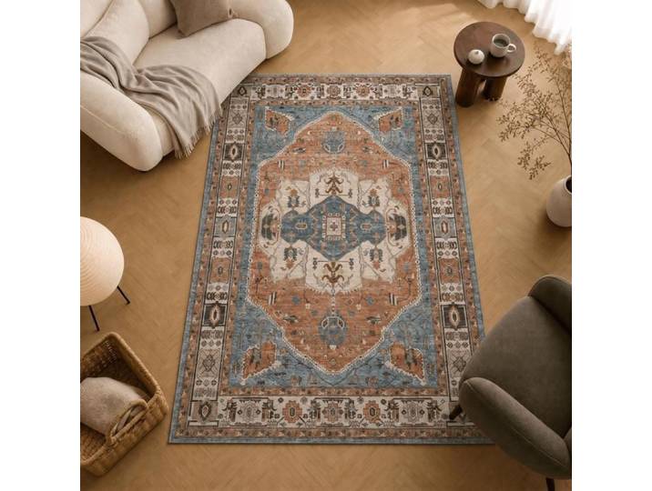 Tapis Vintage Mandala 120 x 170 cm Bleu-Terre cuite Lavable 3 mm