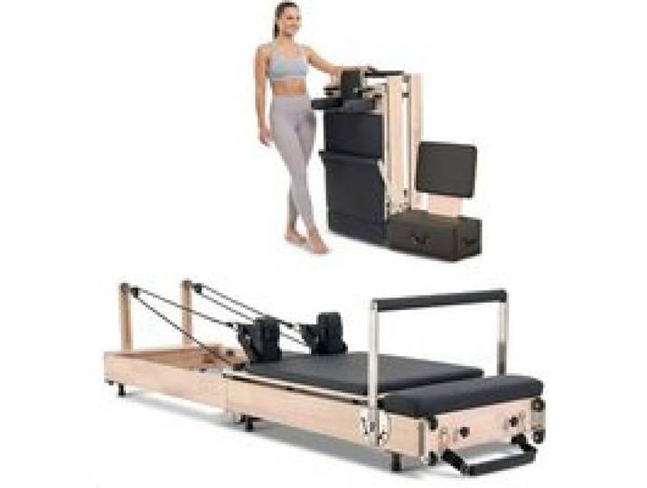 VEVOR faltbarer Pilates Reformer Trainingsgerät aus Gummibaumholz für Heim-Fitnessstudio, Pilates-Bett mit doppeltem Widerstand – Feder & Kordel, Ausrüstung mit Sitzbox, bis zu 181,44 kg