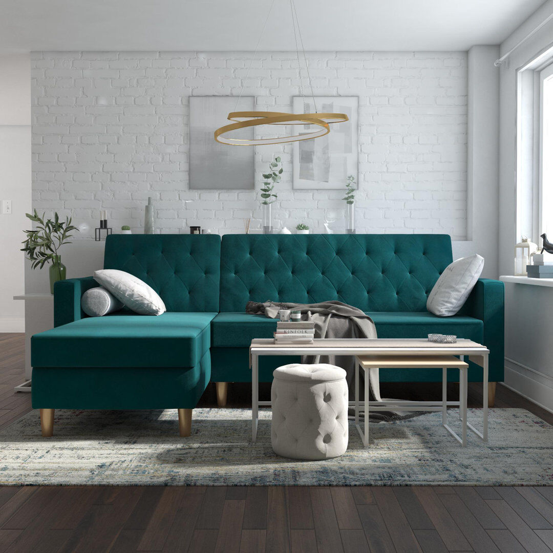 17 Stories 3 Seater Sofa Bed Green Velvet 83cm H X 213cm W X 154cm D