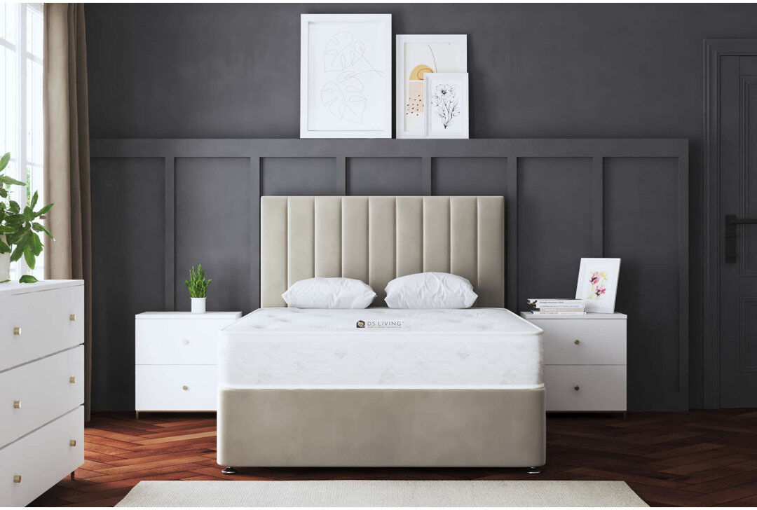 DS Living Upholstered Panel 2 Draw Divan Bed with Headboard Beige Small Double (4')