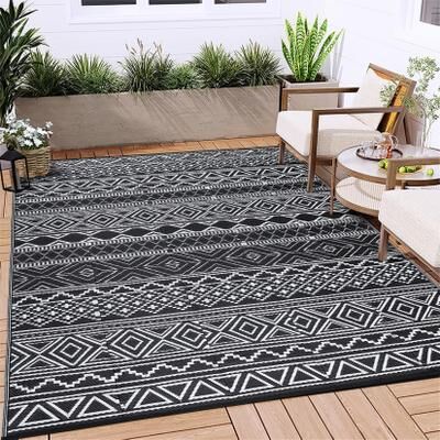 Garvee Line Geometric Waterproof Outdoor Patio Camping Rug