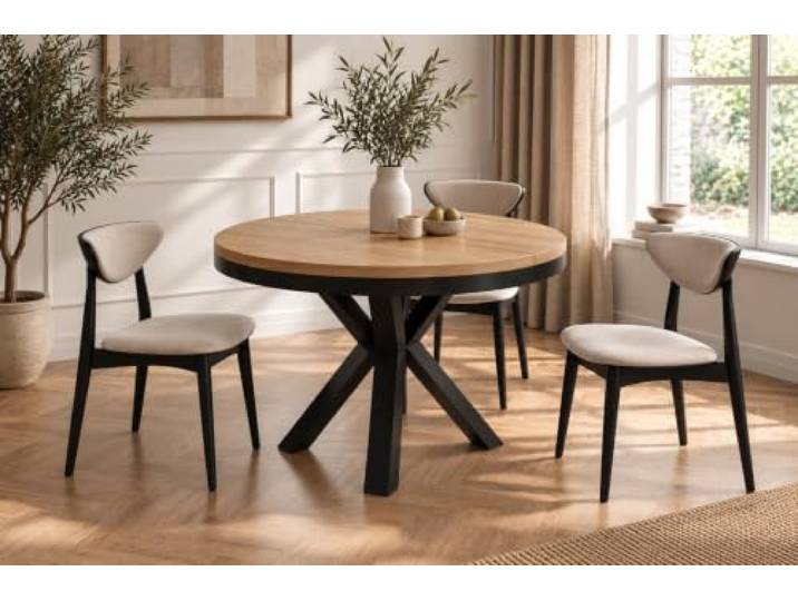 WFL GROUP Runder Ausziehbarer Esstisch im Loft-Stil - Industrieller Tisch mit Schwarzen Metallbeinen - Platzsparender Tisch für Wohnzimmer - Eiche Braun - 120 bis 200 cm