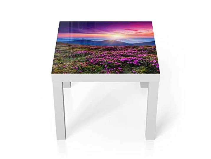 DEQORI Glastisch weiß klein 55x55 cm Motiv Blühende Bergwiese ausgefallener Beistelltisch aus Glas Hochglanz Couchtisch fürs Wohnzimmer moderner Couch Tisch mit Design