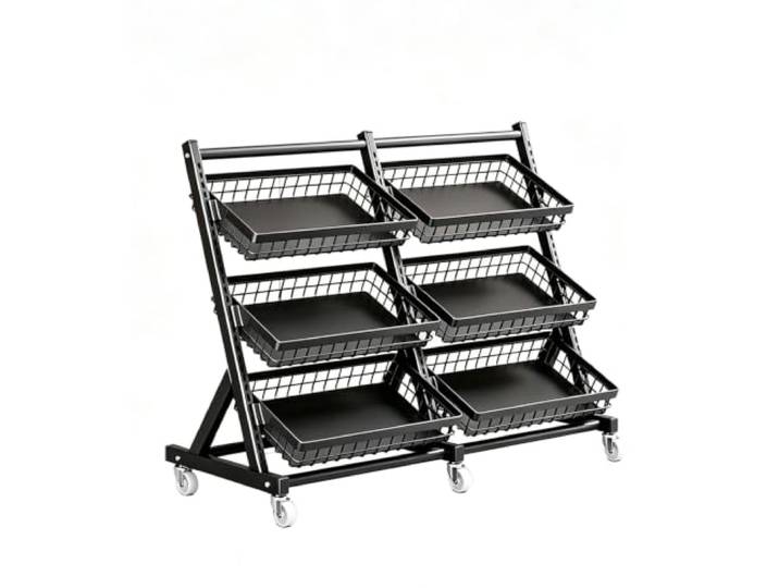 3/4/5Tier Supermarkt Snack Regal Anzeige Stand,Einzelhandels-Display Regale Freistehendes schwarzes schräges großes Metall-Snackregal auf Rollen,für Arbeitsplatten,Küche Laden(6 baskets)