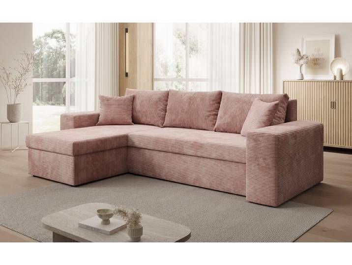 Designer Ecksofa Denver Cord mit Schlaf- und Klappfunktion - Rosé - Links - Cord - Luxusbetten24