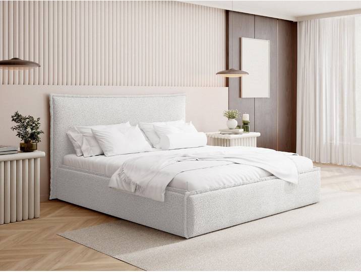 Polsterbett 200x200 cm Weiß Bouclé mit Bettkasten und Lattenrost – Hohes, Weiches Kopfteil, Gasfedern, ohne Matratze – Hergestellt in Polen