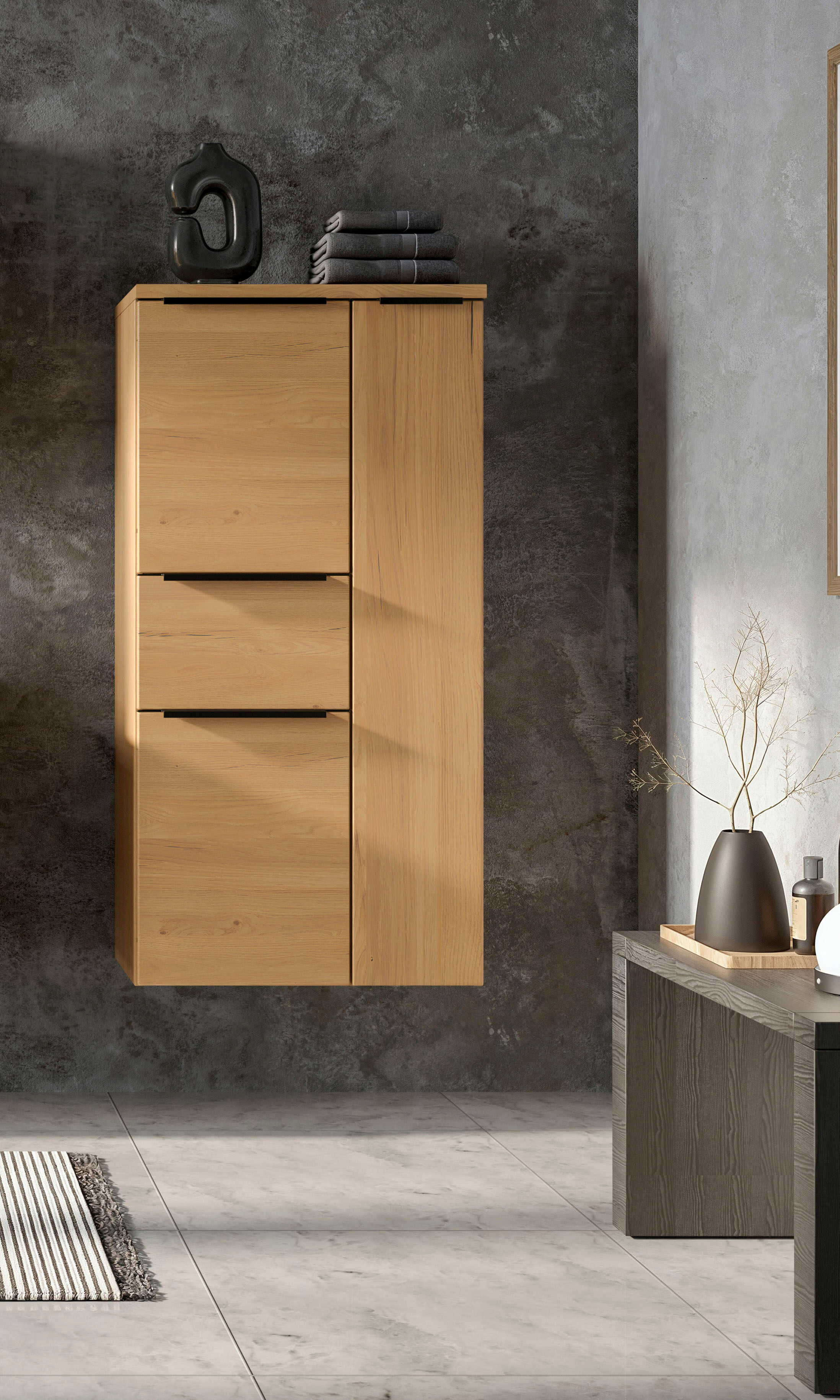 Midischrank WELLTIME "MAILAND, Softclose-Auszug, gedämpfte Scharniere, hochwertiges MDF", braun (wildeiche), B:65cm H:130cm T:35cm, MDF, Schränke, Midischrank, Wildeiche, gedämpfte Scharniere und Softclose-Auszug wildeiche Wildeiche, B/H/T: 65cm x 130cm x