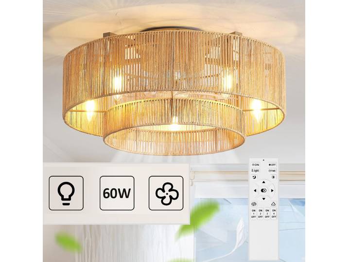 Ventilateurs de plafond bohèmes avec éclairage, ventilateurs de plafond en bambou, ventilateurs de plafond en rotin à plusieurs niveaux avec télécommande, décoration de chambre, lampe de plafond