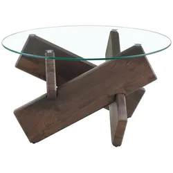OKWISH Couchtisch rund 79x79x45 cm Transparent+Walnuss mit 8 mm Glasplatte und MDF Walnussholzoptik Kreuzgestell stabil pflegeleicht