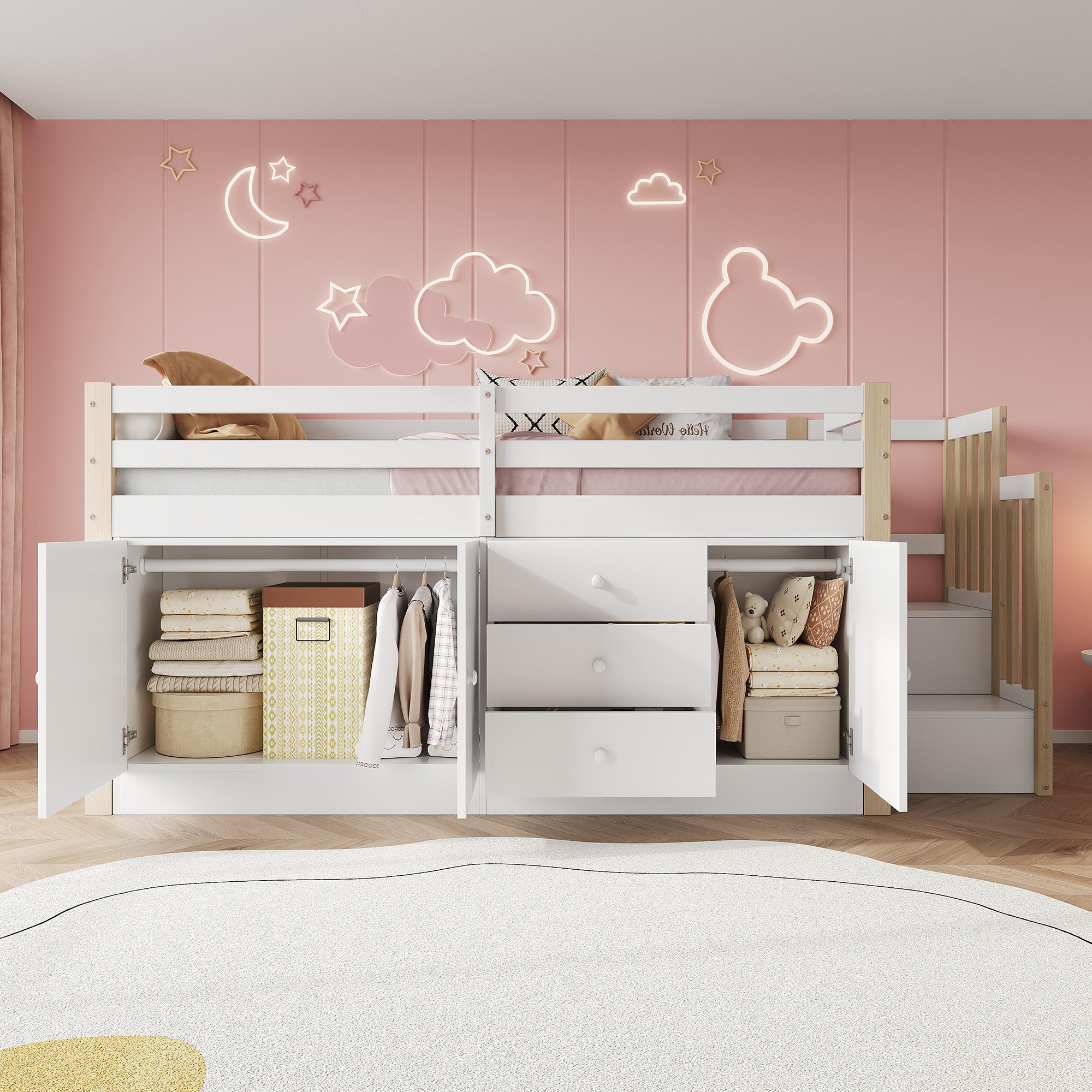 Sweiko Kinderhochbett, Kinderbett, Einzelbett, Multifunktions-Kinderbett, mit Treppe, mit Schubladen, mit 2 Stauschränken und Wäschestange, ohne Matratze, weiß 90x200
