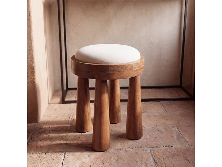 Hocker aus Mangoholz und ecrufarbener Baumwolle