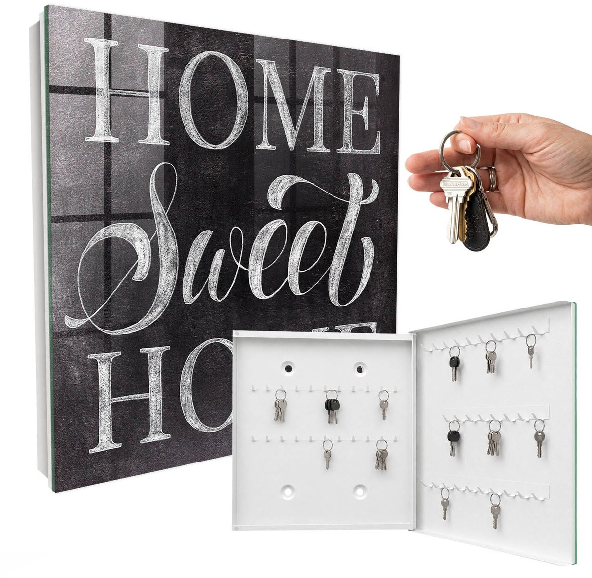 WallMuralia Sleutelkast Thuis Is Waar Het Hart Is - Zwart - B/D/H: 30 x 30 x 5 cm - met 50 haken