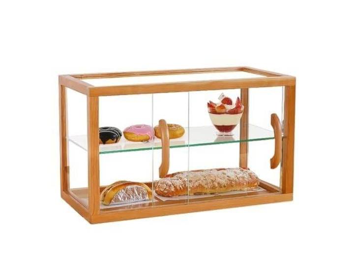 Holz-Vitrine 2-stöckig mit Klarglas, staubdichte Thekenvitrine für Elegante Präsentationsvitrine mit Schiebetüren. Ideal für Gebäck, Sammlerstücke & Accessoires.(Natural)