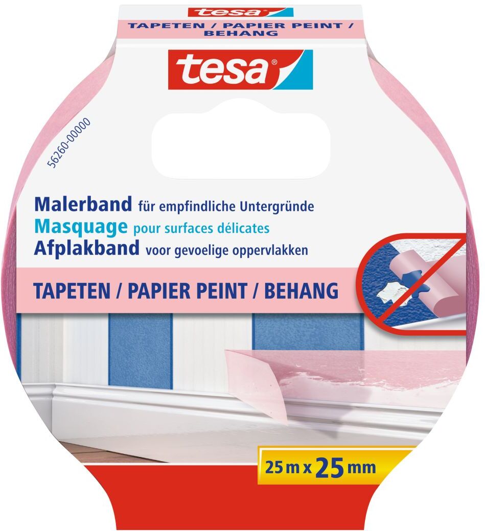 tesa Malerband, Fixier- und Abdeckband, Kreppband, Papierabdeckband für Tapeten, 25 m x 25 mm