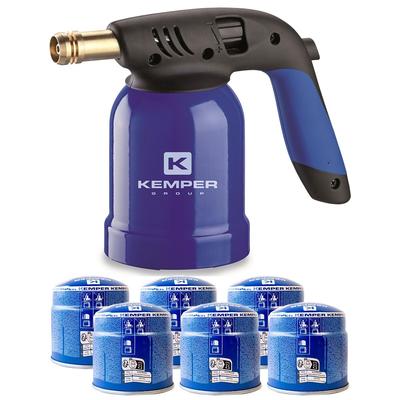 Lötlampe Stahlgehäuse mit Piezo-Zündung + 6 Gaskartuschen 190gr STOP GAZ Durchstechbar KEMPER