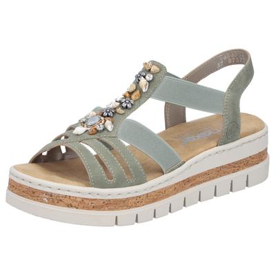 Keilsandalette RIEKER, Damen, Gr. 41, grün (schilfgrün), Lederimitat, Schuhe, Keilsandalette, Plateausandale, Sommerschuh mit Verzierung