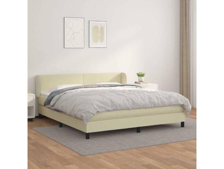 Boxspringbett Creme mit Matratze 180 x 200 cm, Kunstleder schlichtes Taschenfederkernmatratze, höhenverstellbares Kopfteil mit Ohren, Topper inklusive, fürs Schlafzimmer, Schlichtes Design