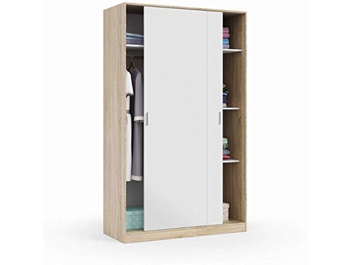 Kleiderschrank mit zwei Schiebetüren und drei Einlegeböden, Eichenfarbe und Mattweiß, Maße 120 x 200 x 50 cm