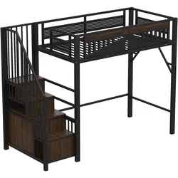 OKWISH Hochbett 90x200 cm Metall mit Treppe, Stauraum und Patchwork-Sicherheitszaun, modernes Loft-Design, optimal für kleine Räume, Schwarz
