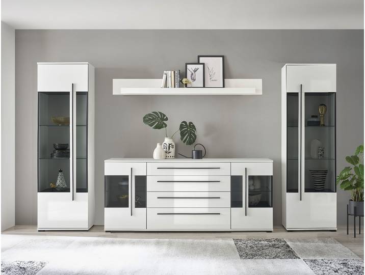 Wohnwand HOME AFFAIRE Cantara, Anbauwand, Wohnzimmer-Set, in Eiche Evoke, Weiss oder Kaschmir , weiss (weiß), B:340cm H:200cm T:42cm, Holzwerkstoff, Kastenmöbel-Sets, Wohnwand, enthält zwei Vitrinen, ein Sideboard und ein Wandboard