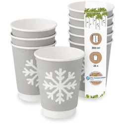 BIOZOYG 25 Stück Trinkbecher Einwegbecher, Pappbecher, 300ml / 12oz, Winterdesign mit Schneeflocken, doppelwandig für heiße Getränke, kompostierbar