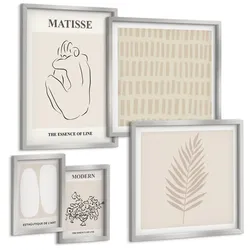 BILDER SET 5er Set - 50x50 cm & 20x30 cm & 40x60 cm Silberner Rahmen - Linien, Formen, Beige, Weiß