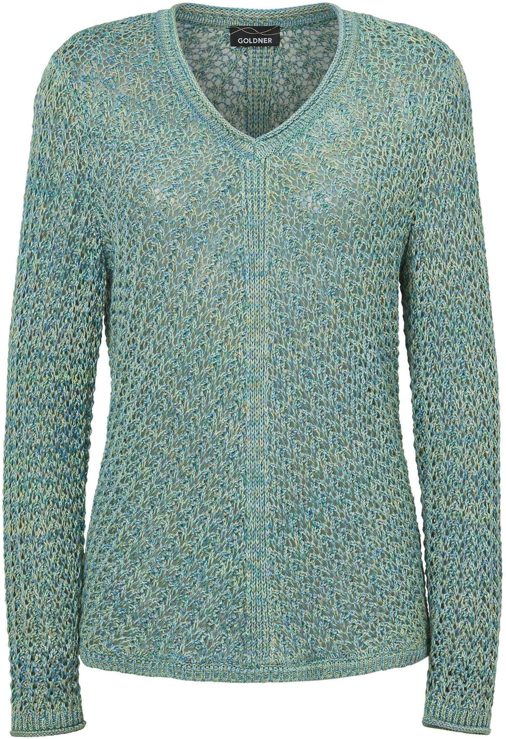 Rundhalspullover GOLDNER "Kurzgröße Strickpullover mit V-Ausschnitt", Damen, Gr. 19, bunt (bunt, gemustert), Obermaterial: 50% Baumwolle CO. 50% Polyacryl PAN., V-Ausschnitt, Rollkante, Pullover Rundhalspullover, keine/nicht relevant