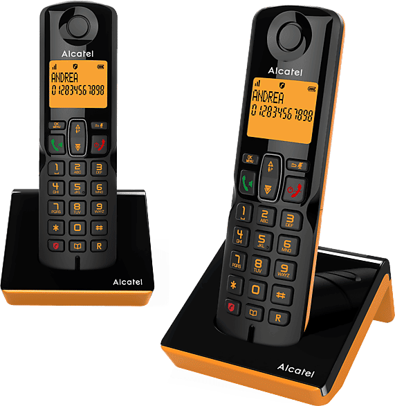 Teléfono - Alcatel S280 Duo, Inalámbrico, Bloqueo de llamadas, Agenda para 50 contactos, Manos libres, Negro y Naranja