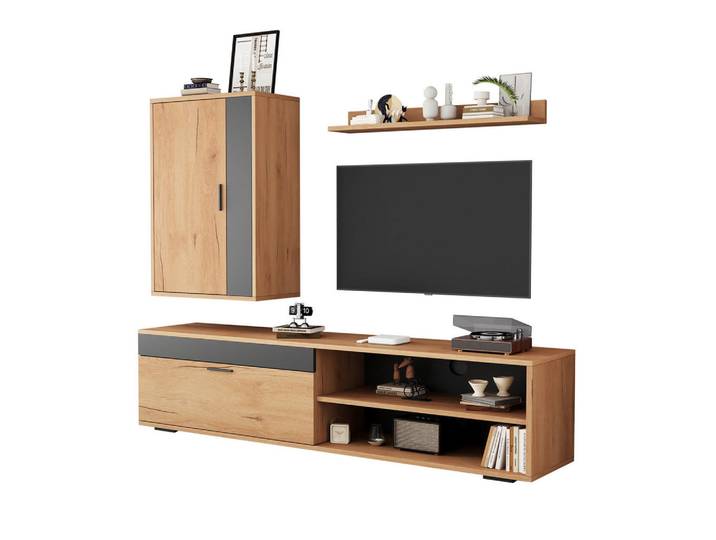 Modenvie Lowboard TV-Möbel-Set 140/35/39 cm aus Spanplatte mit Sanftschluss-Scharnieren Eichefarben/Schwarz, Naturfarben, 140x39x35 cm, Wohnzimmer, TV Möbel, Lowboards, Lowboards stehend
