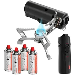 EVOCAMP Gaskocher faltbar mit 4x 227g Gaskartuschen inkl. Tragetasche, klappbar mit Piezozündung für Innen-/Außenbereich