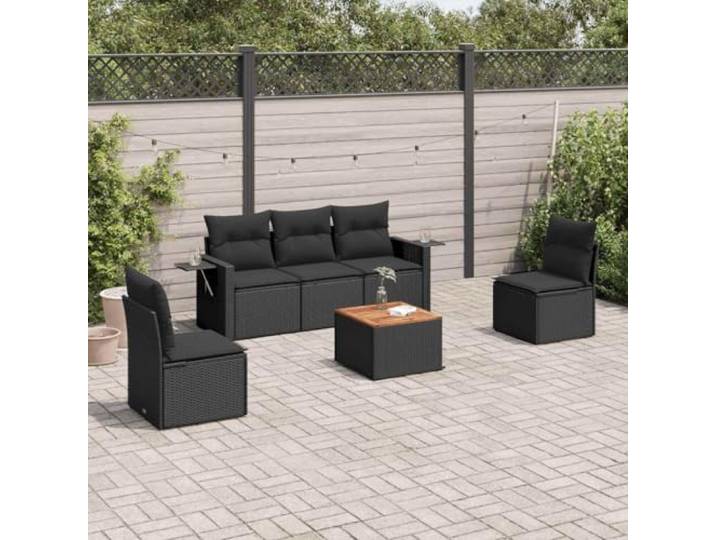 6er Set Polyrattan Gartenmöbel schwarz mit Kissen, Beistelltisch Gaslift und Tischplatte Akazienholz Modularer Freizeit Abstellfach für Terrasse