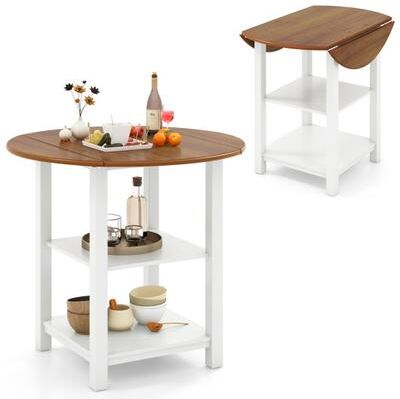 Costway Folding Round Dining Table Drop Leaf Table with 2 Shelves for Small Spaces-White