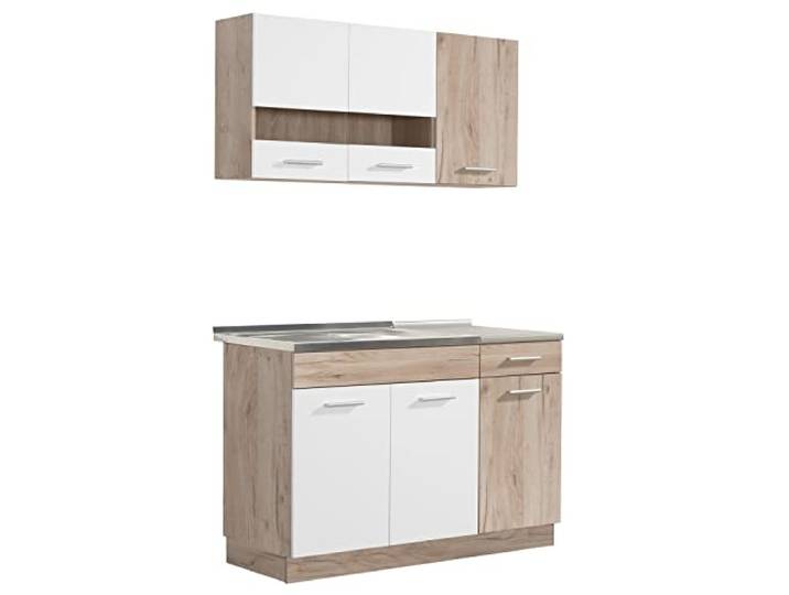 Homestyle4u Singleküche 120 cm – Küchenzeile Weiß Eiche Küchenschränke mit Arbeitsplatte, Ober- & Unterschrank, ohne Elektrogeräte – ideal für kleine Küchen
