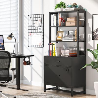 1Easylife Brown/ Black Wood Industrail File Cabinet with Lock, Mdern Bookshelf with 2 Drawers, Etagere Bookcase